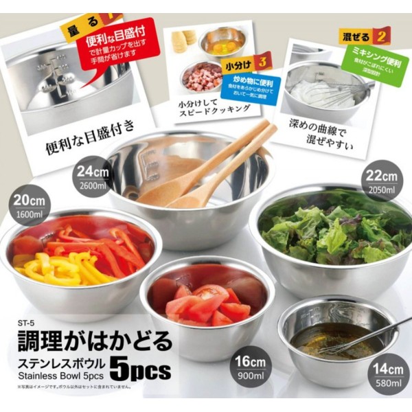 廚房萬用超實用！日本不鏽鋼料理碗 5個一套(有份量刻紋) 